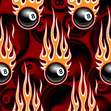 Seamless pattern with billiards pool snooker 8 ball symbols and hot rod flame. Vector illustration. Ideal for wallpaper packaging fabric textile wrapping paper design. vector