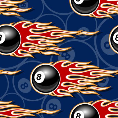 Seamless printable pattern with billiards pool snooker 8 ball symbols and hot rod flames. Vector illustration. Ideal for wallpaper packaging fabric textile paper print design. vector