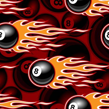 Printable seamless pattern with billiards pool snooker 8 ball symbols and hotrod flame. Vector illustration. Ideal for wallpaper packaging fabric textile wrapping paper design. vector