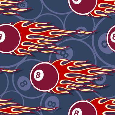 Seamless pattern with billiards pool snooker 8 ball symbols and hot rod flame. Vector illustration. Ideal for wallpaper packaging fabric textile wrapping paper design. vector