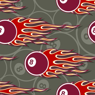 Seamless printable pattern with billiards pool snooker 8 ball symbols and hot rod flames. Vector illustration. Ideal for wallpaper packaging fabric textile paper print design. vector