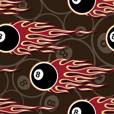 Printable seamless pattern with billiards pool snooker 8 ball symbols and hotrod flame. Vector illustration. Ideal for wallpaper packaging fabric textile wrapping paper design. vector