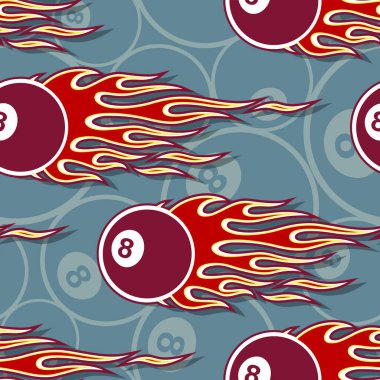 Billiards pool snooker 8 ball symbols seamless pattern with hotrod flame. Printable vector illustration. Ideal for wallpaper packaging fabric textile wrapping paper design. vector