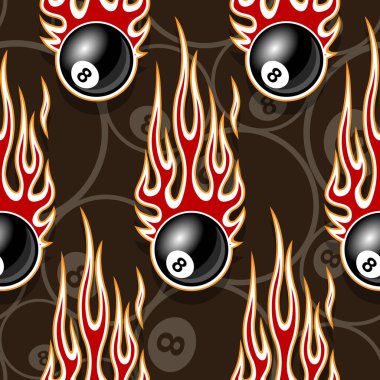 Seamless pattern with billiards pool snooker 8 ball symbols and hot rod flame. Vector illustration. Ideal for wallpaper packaging fabric textile wrapping paper design. vector