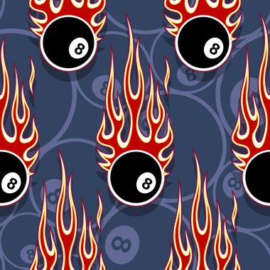 Billiards pool snooker 8 ball symbols seamless pattern with hotrod flame. Printable vector illustration. Ideal for wallpaper packaging fabric textile wrapping paper design. vector