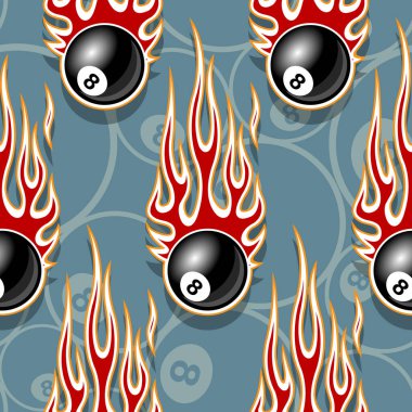 Seamless printable pattern with billiards pool snooker 8 ball symbols and hot rod flames. Vector illustration. Ideal for wallpaper packaging fabric textile paper print design. vector