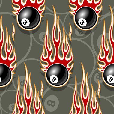Billiards pool snooker 8 ball symbols printable seamless pattern with hotrod flames. Vector illustration. Ideal for wallpaper packaging fabric textile wrapping paper design. vector