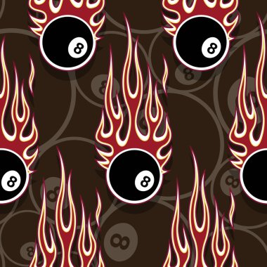 Billiards pool snooker 8 ball symbols seamless pattern with hotrod flame. Printable vector illustration. Ideal for wallpaper packaging fabric textile wrapping paper design. vector