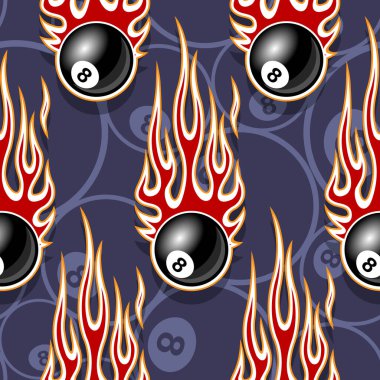 Printable seamless pattern with billiards pool snooker 8 ball symbols and hotrod flame. Vector illustration. Ideal for wallpaper packaging fabric textile wrapping paper design. vector