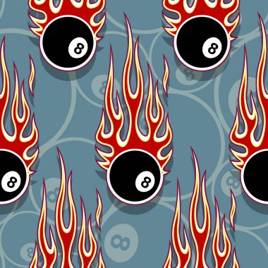 Billiards pool snooker 8 ball symbols printable seamless pattern with hotrod flames. Vector illustration. Ideal for wallpaper packaging fabric textile wrapping paper design. vector