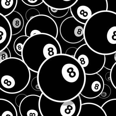 Bilardo bilardo bilardo topu 8 'in sembolü basılabilir dikişsiz desen. Vektör çizimi. Duvar kağıdı, ambalaj, kumaş, tekstil, kağıt tasarımı ve her türlü dekorasyon için ideal.