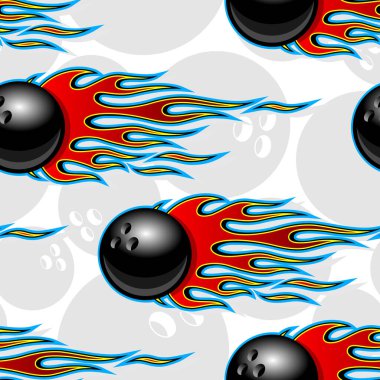 Kusursuz desenli bowling topu sembolü ve hot rod alevi. Vektör çizimi. Duvar kağıdı ambalajı kumaş tekstil ambalaj kağıdı tasarımı ve herhangi bir dekorasyon için ideal.