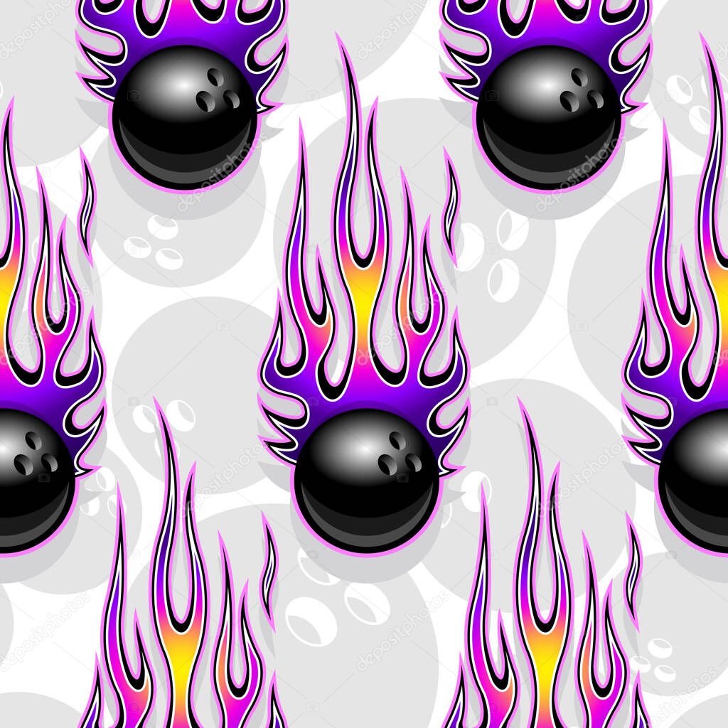 Seamless printable pattern with bowling balls and hot rod flames. Vector illustration. Ideal for wallpaper packaging fabric textile paper print design and any decoration.