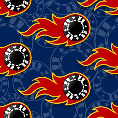 Kumarhane poker fişleri ve alevlerle kusursuz desen. Vektör çizimi. Duvar kâğıdı, kapak, ambalaj, kumaş tasarımı ve her türlü dekorasyon için idealdir..