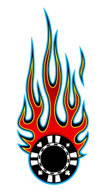 Ateşli kumarhane poker çipinin vektör çizimi. Çıkartma çıkartmalı kumarhane poker logosu tasarım şablonu ve her türlü dekorasyon için ideal..