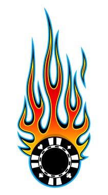 Ateşli kumarhane poker çipinin vektör çizimi. Çıkartma çıkartmalı kumarhane poker logosu tasarım şablonu ve her türlü dekorasyon için ideal..
