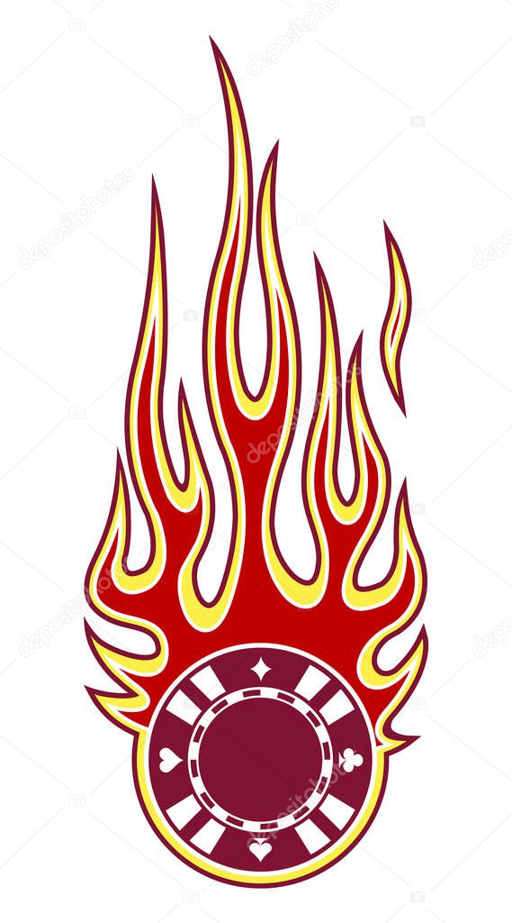 Vector illustration of casino poker chip with hotrod flame. Ideal for sticker decal casino poker logo design template and any kind of decoration.