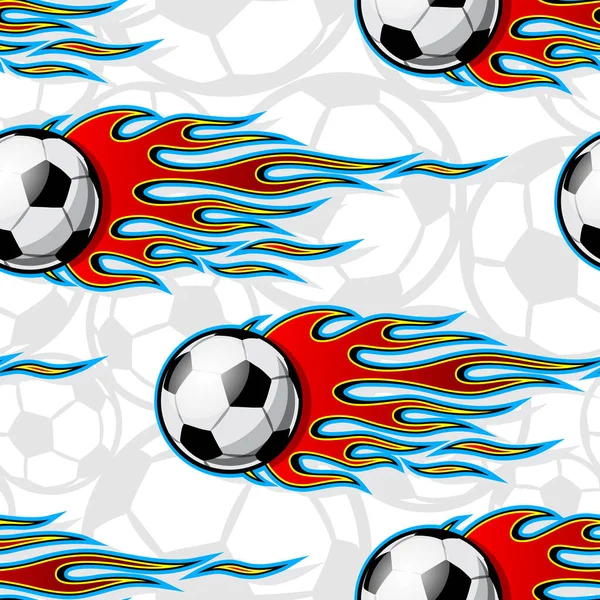 Seamless pattern with football soccer balls and hot rod flames. Vector illustration. Ideal for wallpaper, cover, packaging, fabric, textile, wrapping paper design and any kind of decoration.