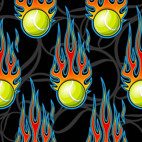 Afdrukbaar Naadloos Patroon Met Tennisbal Hotrod Vlam Vector Illustratie Ideaal — Stockvector