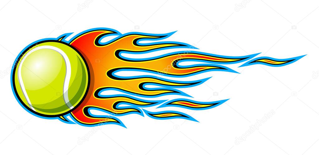 Vector illustration of tennis ball with hotrod flame shape. Ideal for printable sticker decal sport logo design and any decoration.