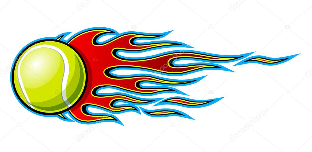 Tennis ball vector illustration with hot rod flames. Ideal for printable sticker decal sport logo design and any decoration.
