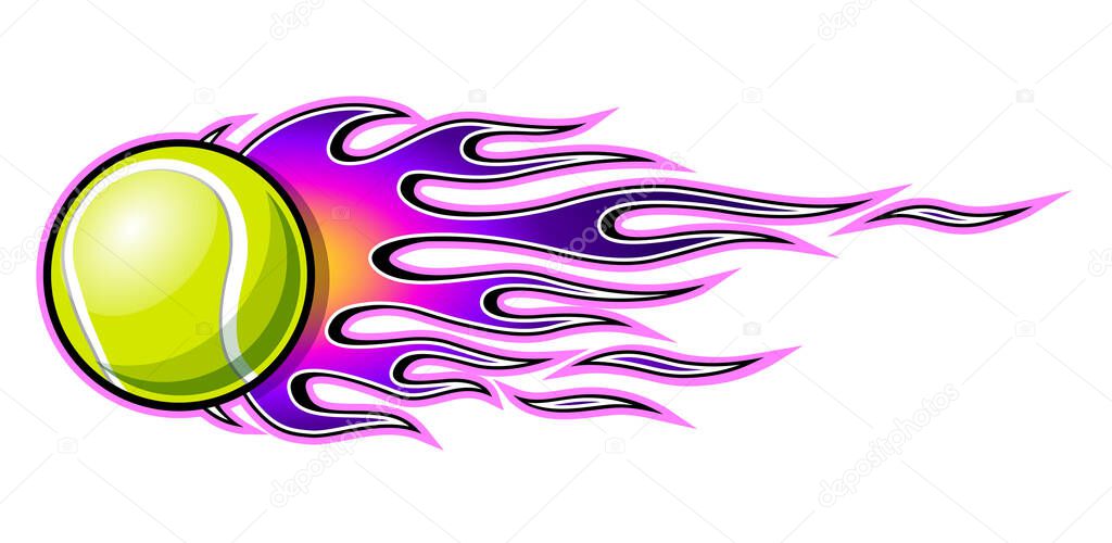 Tennis ball vector illustration with hot rod flames. Ideal for printable sticker decal sport logo design and any decoration.