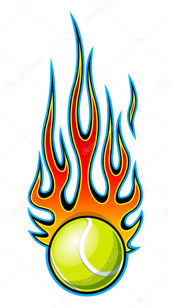 Vector illustration of tennis ball with hotrod flame shape. Ideal for printable sticker decal sport logo design and any decoration.