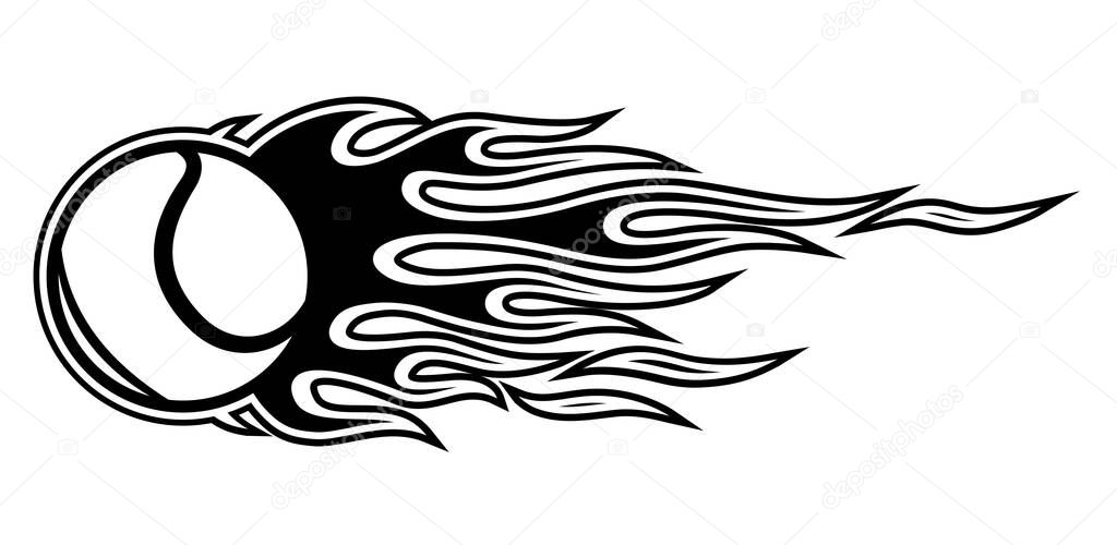 Vector illustration of tennis ball with hotrod flame shape. Ideal for printable sticker decal sport logo design and any decoration.