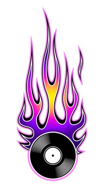 Alevli vinil plak ikonunun basılabilir vektör illüstrasyonu. Etiketli araba ve motosiklet çıkartmalı logo tasarım şablonu ve her türlü dekorasyon için ideal..