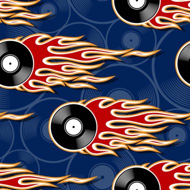 Eski model vinil plak ikonu ve hotrod alevi ile basılabilir dikişsiz kalıp. Dijital vektör çizimi. Duvar kağıdı ambalajı kumaş tekstil ambalaj kağıdı tasarımı için ideal.