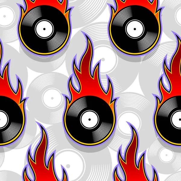 Nahtloses Muster Mit Retro Vinyl Platten Ikonen Und Flammen Vektorillustration — Stockvektor