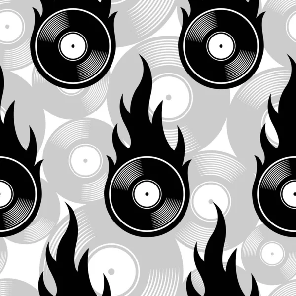 Nahtloses Muster Mit Retro Vinyl Platten Ikonen Und Flammen Vektorillustration — Stockvektor