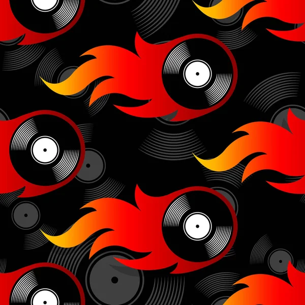 Seamless Pattern Retro Vintage Vinyl Record Icons Flames Vector Illustration — Stock Vector