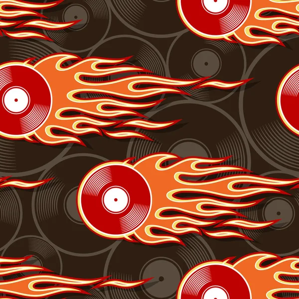 Retro Vinyl Platten Ikone Bedruckbares Nahtloses Muster Mit Hotrod Flammen — Stockvektor