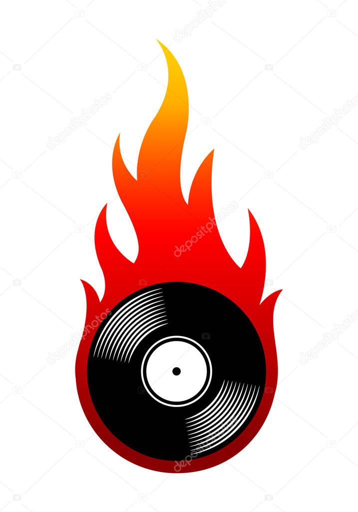 Vector illustration of vintage retro vinyl record icon with simple flames. Ideal for stickers, decals, casino poker logo design element and any kind of decoration.