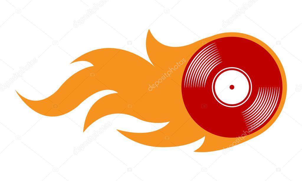Vector illustration of vintage retro vinyl record icon with simple flames. Ideal for stickers, decals, casino poker logo design element and any kind of decoration.