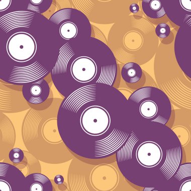 Retro müzik vinil plak ikonu yazdırılabilir dikişsiz kalıp. Vektör çizimi. Duvar kağıdı, ambalaj, ambalaj, kumaş, tekstil, kağıt tasarımı ve herhangi bir dekorasyon için ideal.