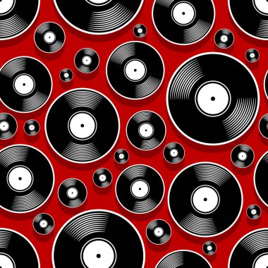 Retro müzik vinil plak ikonu yazdırılabilir dikişsiz kalıp. Vektör çizimi. Duvar kağıdı, ambalaj, ambalaj, kumaş, tekstil, kağıt tasarımı ve herhangi bir dekorasyon için ideal.