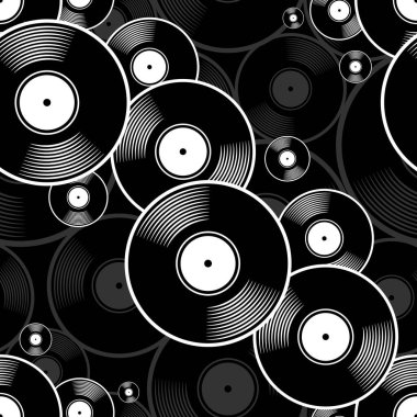 Retro müzik vinil plak ikonu yazdırılabilir dikişsiz kalıp. Vektör çizimi. Duvar kağıdı, ambalaj, ambalaj, kumaş, tekstil, kağıt tasarımı ve herhangi bir dekorasyon için ideal.