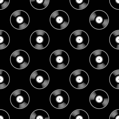Retro müzik vinil plak ikonu yazdırılabilir dikişsiz kalıp. Vektör çizimi. Duvar kağıdı, ambalaj, ambalaj, kumaş, tekstil, kağıt tasarımı ve herhangi bir dekorasyon için ideal.