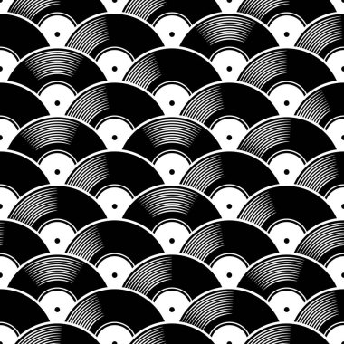 Retro müzik vinil plak ikonu yazdırılabilir dikişsiz kalıp. Vektör çizimi. Duvar kağıdı, ambalaj, ambalaj, kumaş, tekstil, kağıt tasarımı ve herhangi bir dekorasyon için ideal.