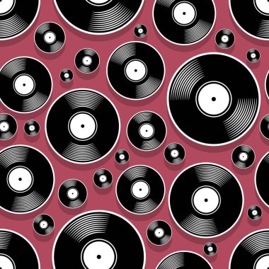 Retro müzik vinil plak ikonu yazdırılabilir dikişsiz kalıp. Vektör çizimi. Duvar kağıdı, ambalaj, ambalaj, kumaş, tekstil, kağıt tasarımı ve herhangi bir dekorasyon için ideal.