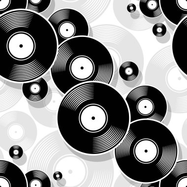 Retro müzik vinil plak ikonu yazdırılabilir dikişsiz kalıp. Vektör çizimi. Duvar kağıdı, ambalaj, ambalaj, kumaş, tekstil, kağıt tasarımı ve herhangi bir dekorasyon için ideal.