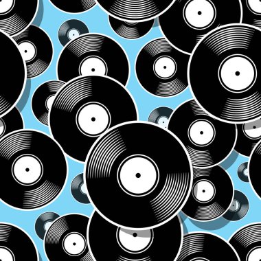 Retro müzik vinil plak ikonu yazdırılabilir dikişsiz kalıp. Vektör çizimi. Duvar kağıdı, ambalaj, ambalaj, kumaş, tekstil, kağıt tasarımı ve herhangi bir dekorasyon için ideal.