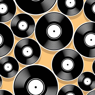 Retro müzik vinil plak ikonu yazdırılabilir dikişsiz kalıp. Vektör çizimi. Duvar kağıdı, ambalaj, ambalaj, kumaş, tekstil, kağıt tasarımı ve herhangi bir dekorasyon için ideal.