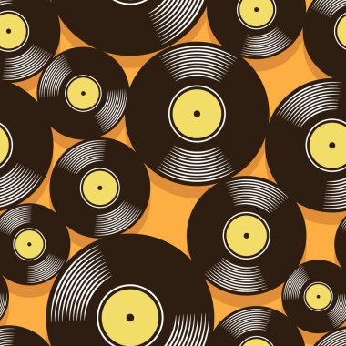 Retro müzik vinil plak ikonu yazdırılabilir dikişsiz kalıp. Vektör çizimi. Duvar kağıdı, ambalaj, ambalaj, kumaş, tekstil, kağıt tasarımı ve herhangi bir dekorasyon için ideal.