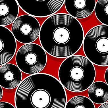 Retro müzik vinil plak ikonu yazdırılabilir dikişsiz kalıp. Vektör çizimi. Duvar kağıdı, ambalaj, ambalaj, kumaş, tekstil, kağıt tasarımı ve herhangi bir dekorasyon için ideal.