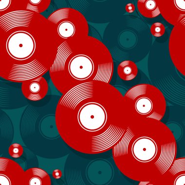 Retro müzik vinil plak ikonu yazdırılabilir dikişsiz kalıp. Vektör çizimi. Duvar kağıdı, ambalaj, ambalaj, kumaş, tekstil, kağıt tasarımı ve herhangi bir dekorasyon için ideal.