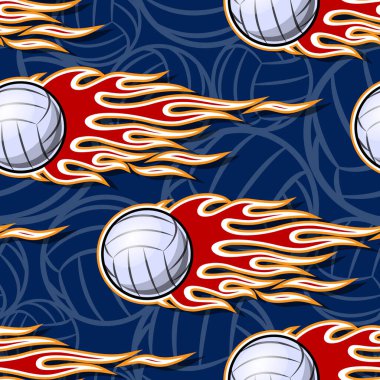 Voleybol topları ve hot rod alevleriyle kusursuz basılabilir desen. Vektör çizimi. Duvar kağıdı, ambalaj, kumaş, tekstil, kağıt baskı tasarımı ve herhangi bir dekorasyon için ideal.