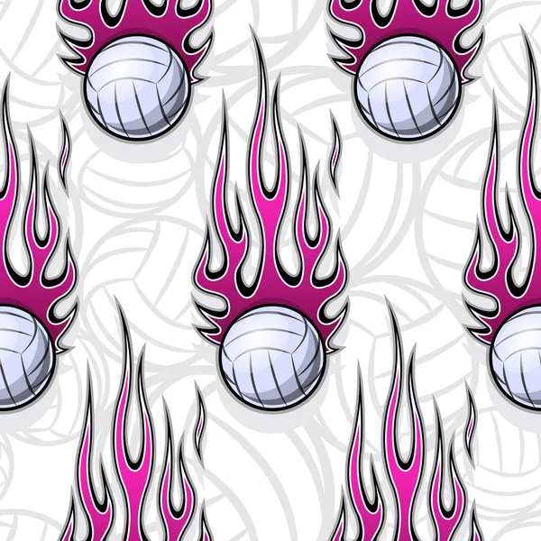 Volleybal Ballen Afdrukbare Naadloze Patroon Met Hotrod Vlammen Vector Illustratie — Stockvector